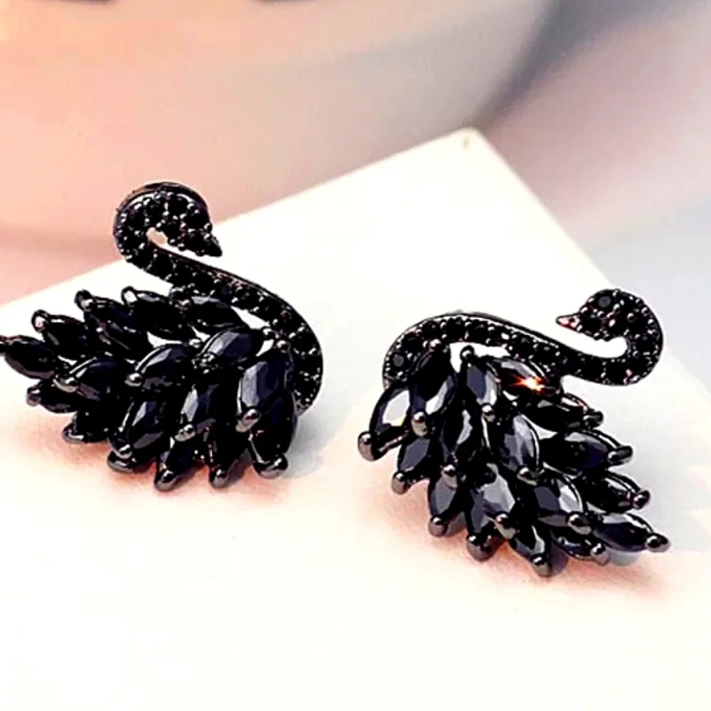 Elegant Black Swan Crystal Stud Earrings